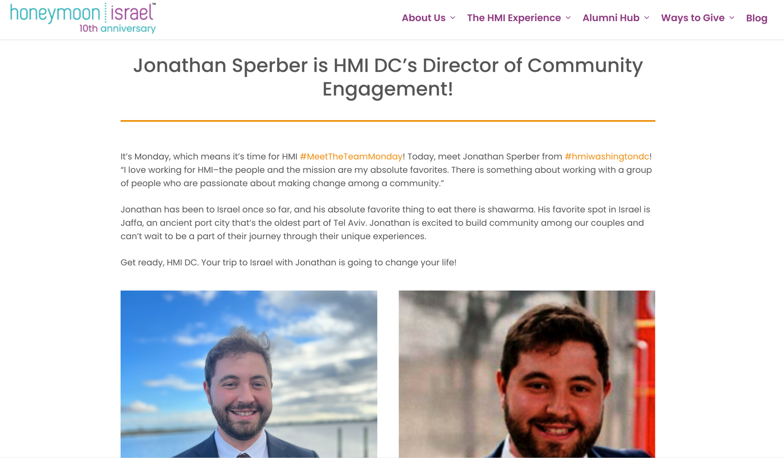 Screenshot of Sperber's appearance on Honeymoon Israel's site.