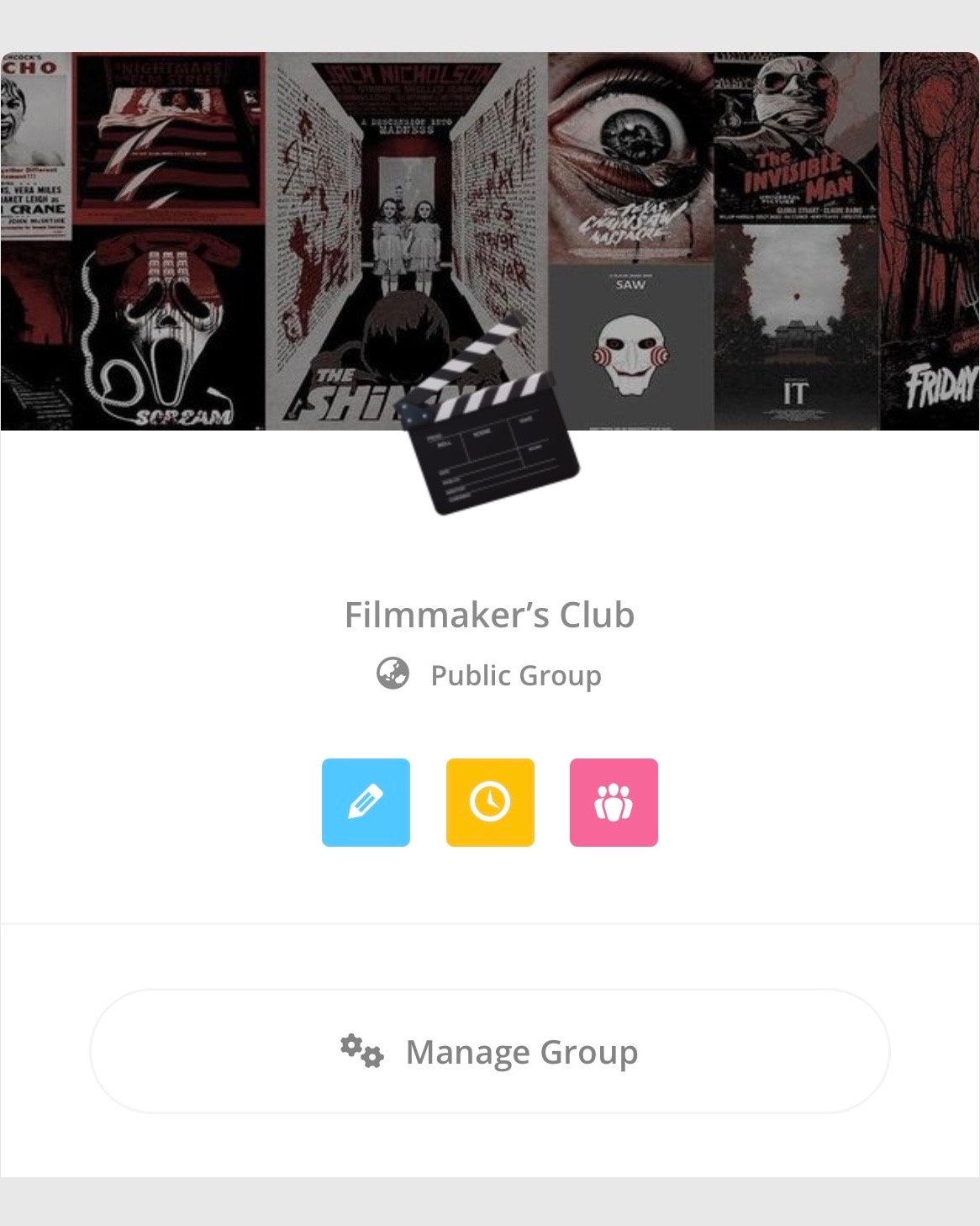 Screenshot of filmmaker's club group profile