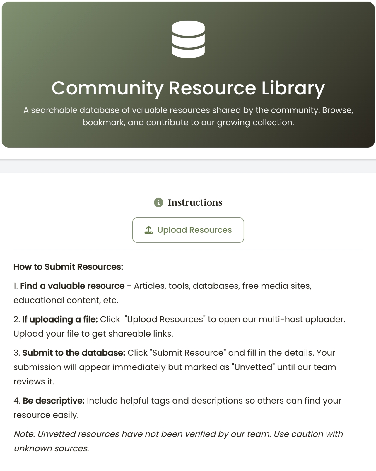 A screenshot of our community resource library page, with the page description reading, "A searchable database of valuable resources shared by the community. Browse, bookmark, and contribute to our growing collection."