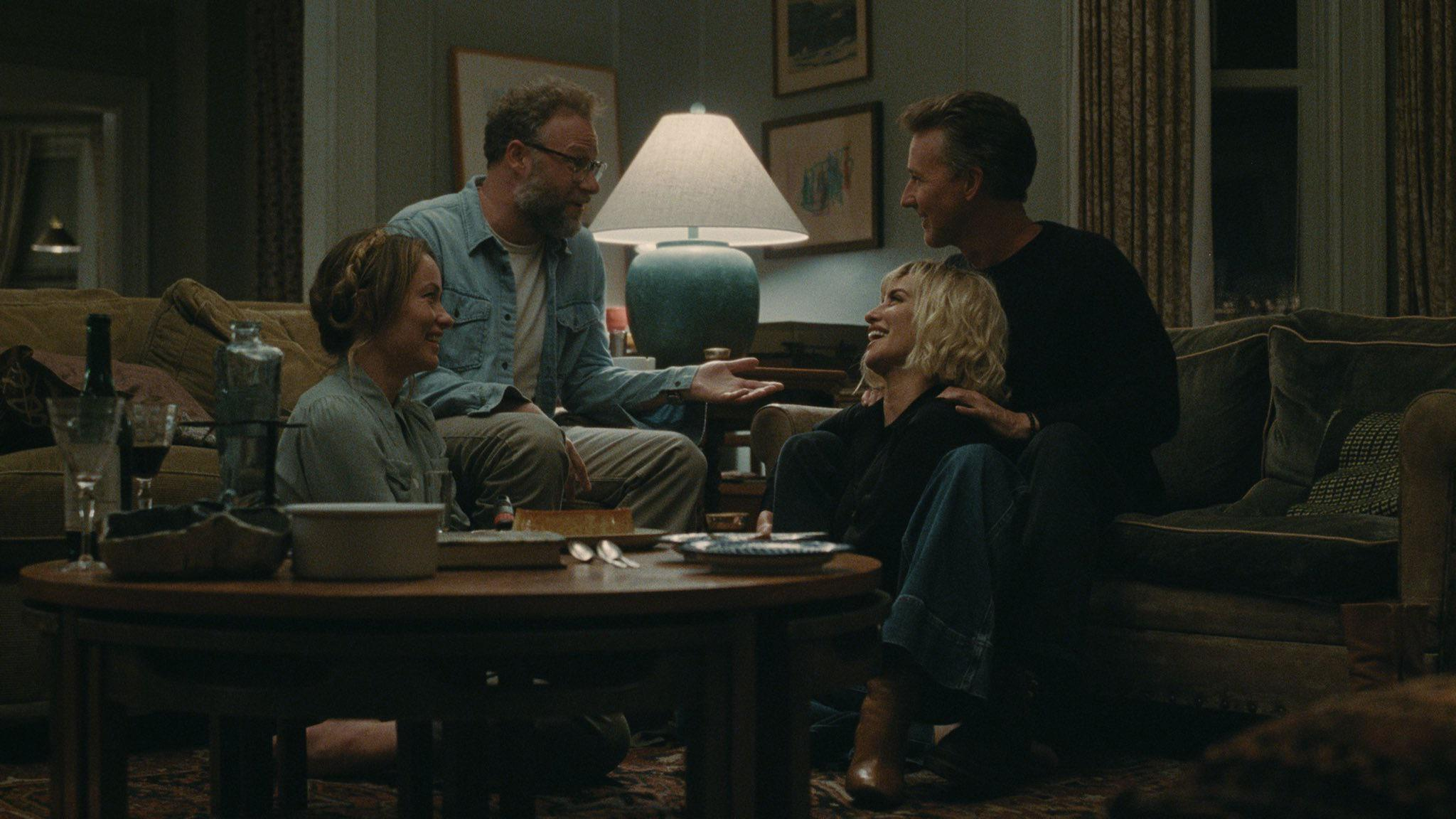From left to right, Olivia Wilde, Seth Rogen, Penelope Cruz and Edward Norton in a scene from 'The Invite.'